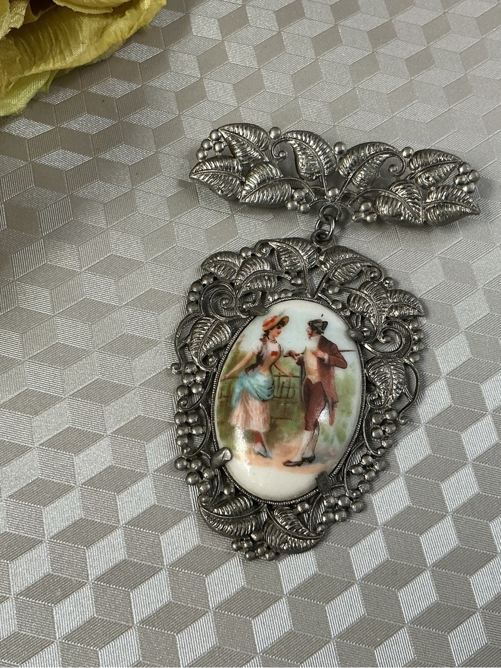 Victorian-Style Silver-tone Porcelain Portrait Brooch Pendant - White, Silver